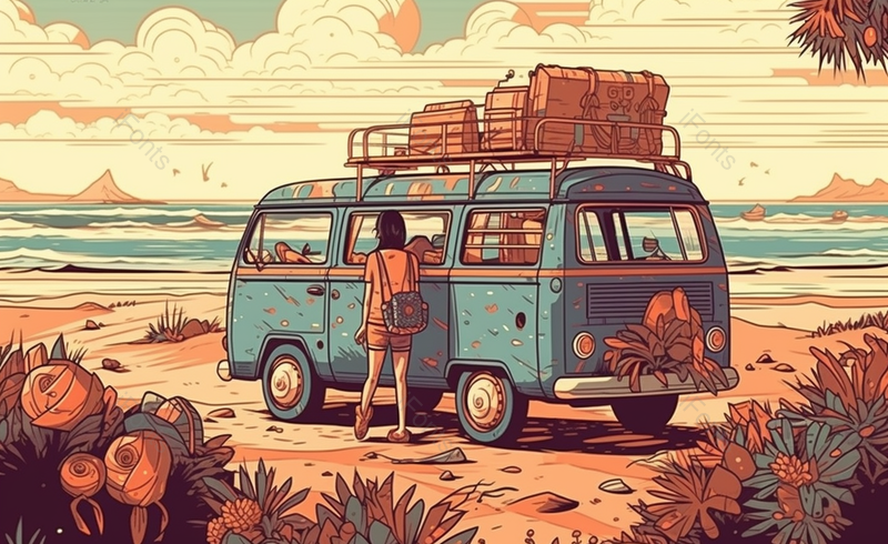 暖色系自驾情侣夏日旅行背景图,插画/手绘图,插画/手绘图库,插画/手绘图下载,插画/手绘